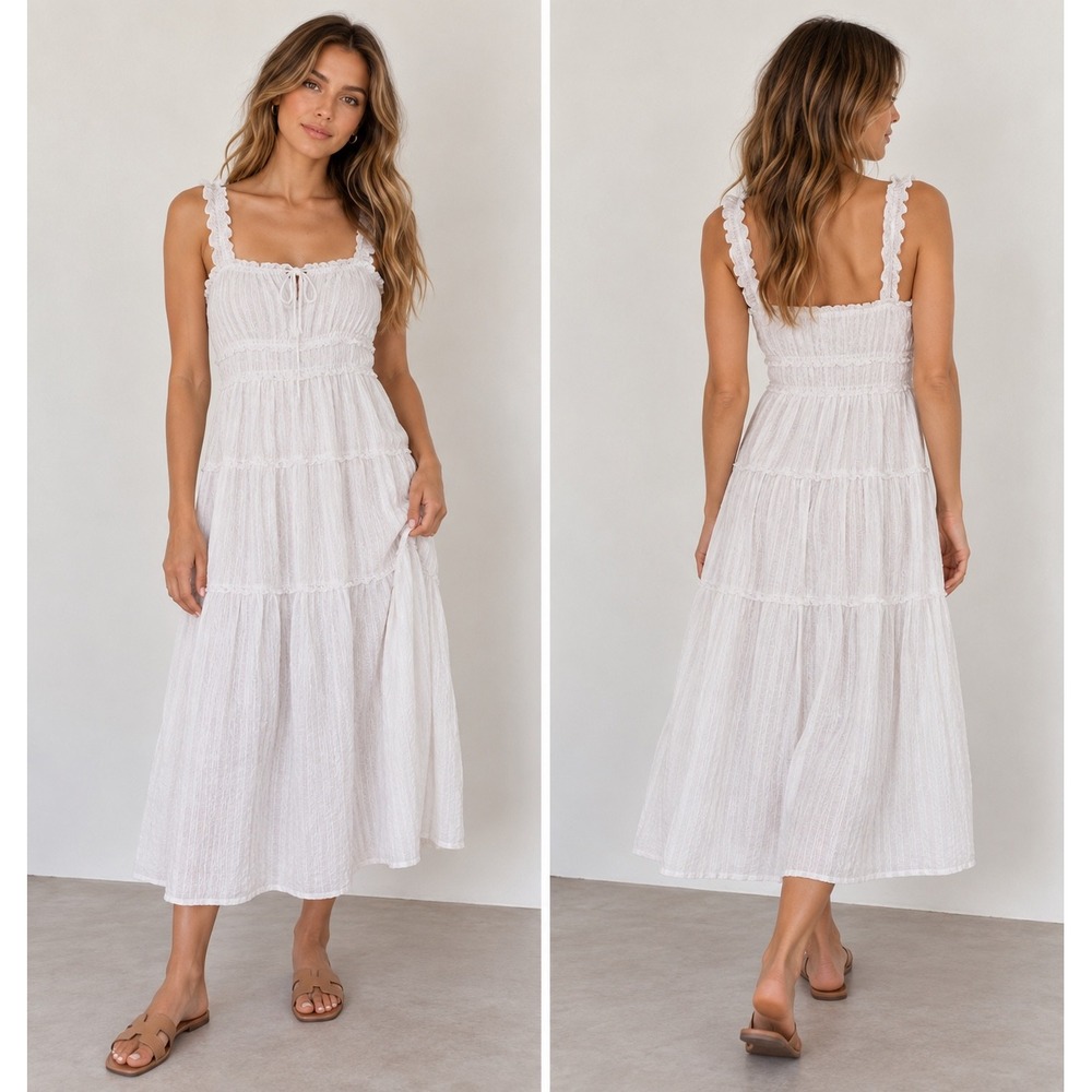 Gap x DOEN White Eyelet Smocked Midi Dress Ruffle Strap XL Cottagecore Dreamy